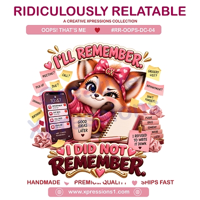 Cute overwhelmed fox surrounded by reminders, sticky notes, phone alerts and a planner with the funny phrase “I’ll Remember. I Did Not Remember.”