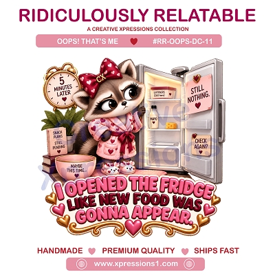 Cute raccoon in a pink robe checking an almost-empty refrigerator again with the funny phrase and; I Opened the Fridge Like New Food Was Gonna Appear.”